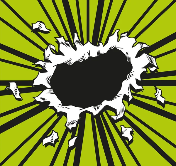 Κωμικό βιβλίο τρύπα. Το διανυσματικό χαρτί είναι σκισμένο μέσα από έκρηξη. Κυκλική τρύπα στη μέση σε πράσινο φόντο. Πρότυπο κάλυψης στυλ κόμικς ή ταπετσαρία φυλλάδιο — Διανυσματικό Αρχείο