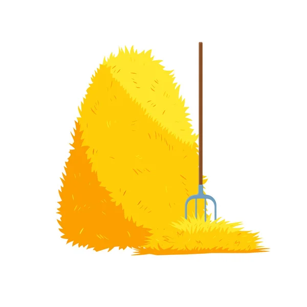 Haystack isolado em fundo branco. Ilustração vetorial plana palheiro seco com garfo. Fazenda feno fardo feno feno, agrícola rural haycock — Vetor de Stock