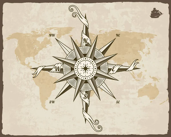 Compas nautique vintage. Carte de l'ancien monde sur texture de papier vectoriel avec bordure grunge. Rose des vents — Image vectorielle