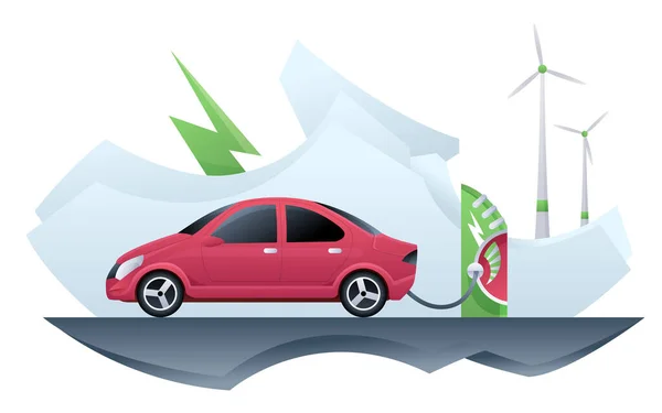 Electric car taxi. Electric car taxi charging on charger station. Online taxi and windmill alternative energy. EV vehicle plugged getting electricity from renewable power generations wind turbine — Stock Vector