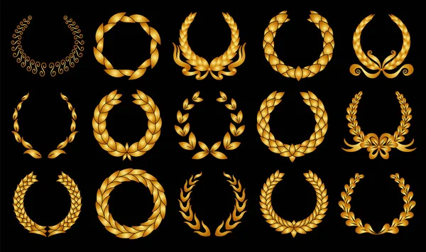 Golden laurel wreath. Collection of different black circular laurel, olive, wheat wreaths depicting an award, achievement, heraldry, nobility. Vector premium insignia, traditional victory symbol