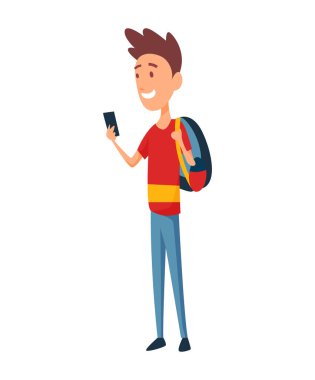 Turist. Aktif yaşam tarzı kavramı, turizm. Akıllı telefonu ve sırt çantası olan genç bir adam. Adam ya fotoğraf çekiyor ya da GPS haritasında bir yol arıyor. Vektör illüstrasyonu