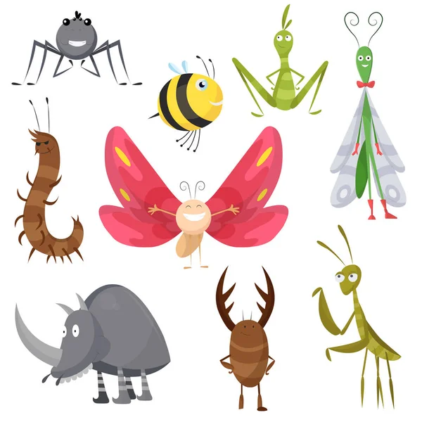 Conjunto de insetos engraçados dos desenhos animados isolados no branco. Abelha vetor, borboleta, aranha, vespa, louva-a-deus, libélula, besouro rinoceronte, personagens. Coleção de bugs cômicos felizes. Ilustração colorida desenhada à mão —  Vetores de Stock