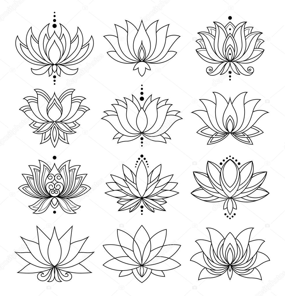 Lotus icons set. Blooming flowers. Monochrome blooming plants, various petals black and white symbols. Blossom, aquatic plant vector elements for web. Coloring style