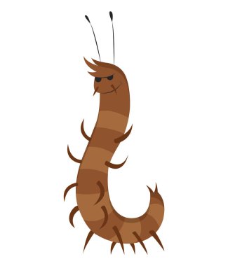 Beyazda izole edilmiş komik çizgi film böceği. Vektör kırkayak karakteri. Mutlu hayvan. Renkli el çizimi çizimi. Düz renkli hata