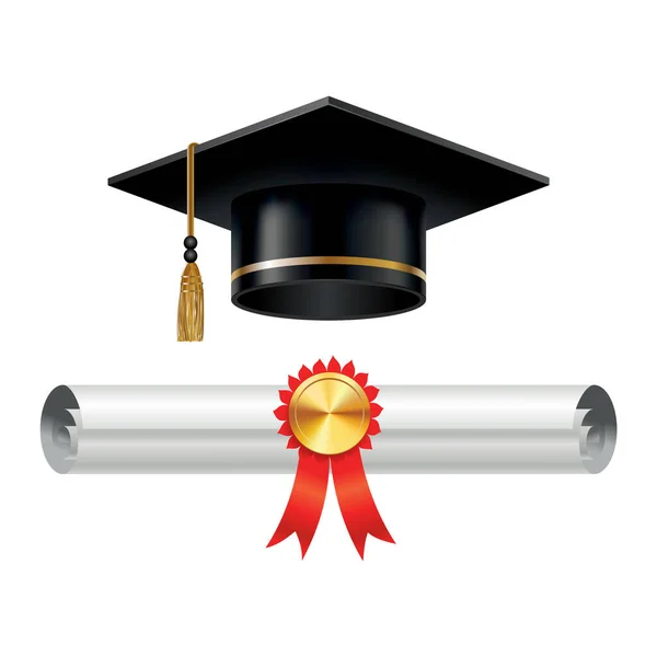 Tampa de graduação e rolou pergaminho diploma com carimbo. Termine o conceito de educação. Chapéu acadêmico com borla e certificado de diploma universitário. Ilustração vetorial para cartaz ou panfleto de banner de anúncio — Vetor de Stock