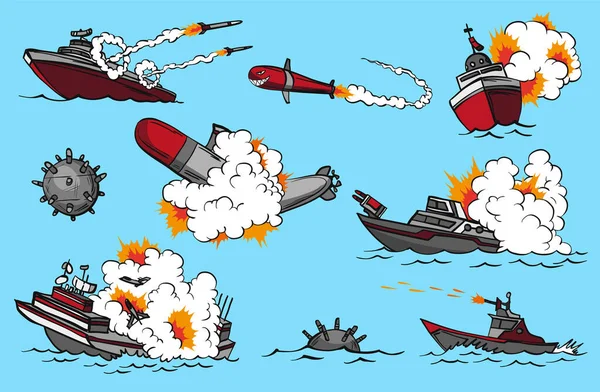 漫画书战舰集合。收集发射导弹或爆炸的船只。军事行动。漫画书页或应用程序装饰的流行艺术概念图标 — 图库矢量图片