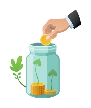 Şişe parası yatırıyorum, ikon. Para yetiştirme konsepti, tasarruf ağacını finanse etme, yatırımı finanse etme. Para büyüyen fabrika basamağı banka konseptinde mevduat madeni para ile.