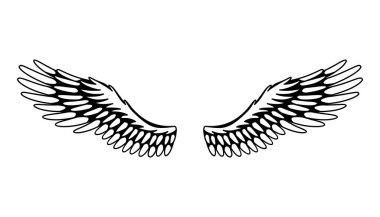 Kanatlılar skeci. Stilize kuş kanatları. Elle çizilmiş stiker kanadı açık pozisyonda. Renklendirme biçiminde vektör tasarımı ögeleri.