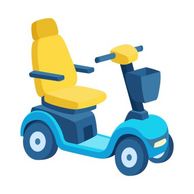 Konfor ve ulaşılabilirlik için tasarlanmış, sarı koltuk ve mavi gövdeli, yaşlılar ve hareketlilik sorunları olanlar için mükemmel canlı bir elektrikli scooter..