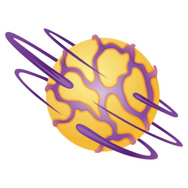 Yüzeyini zarifçe çevreleyen mor halkalarla süslenmiş canlı bir gezegeni resmeden renkli bir karikatür çizimi.