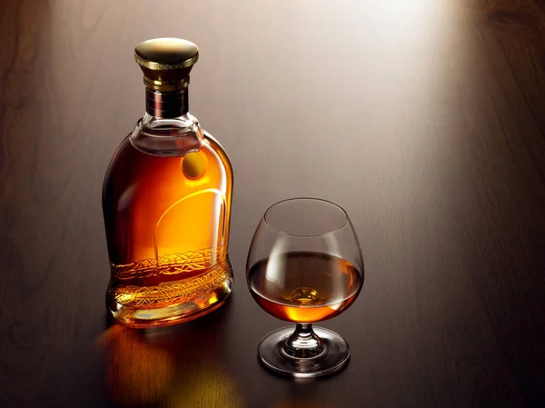 Utsikt Över Glas Whiskey Och Flaska Sidan Färg Trä Bakgrund — Stockfoto