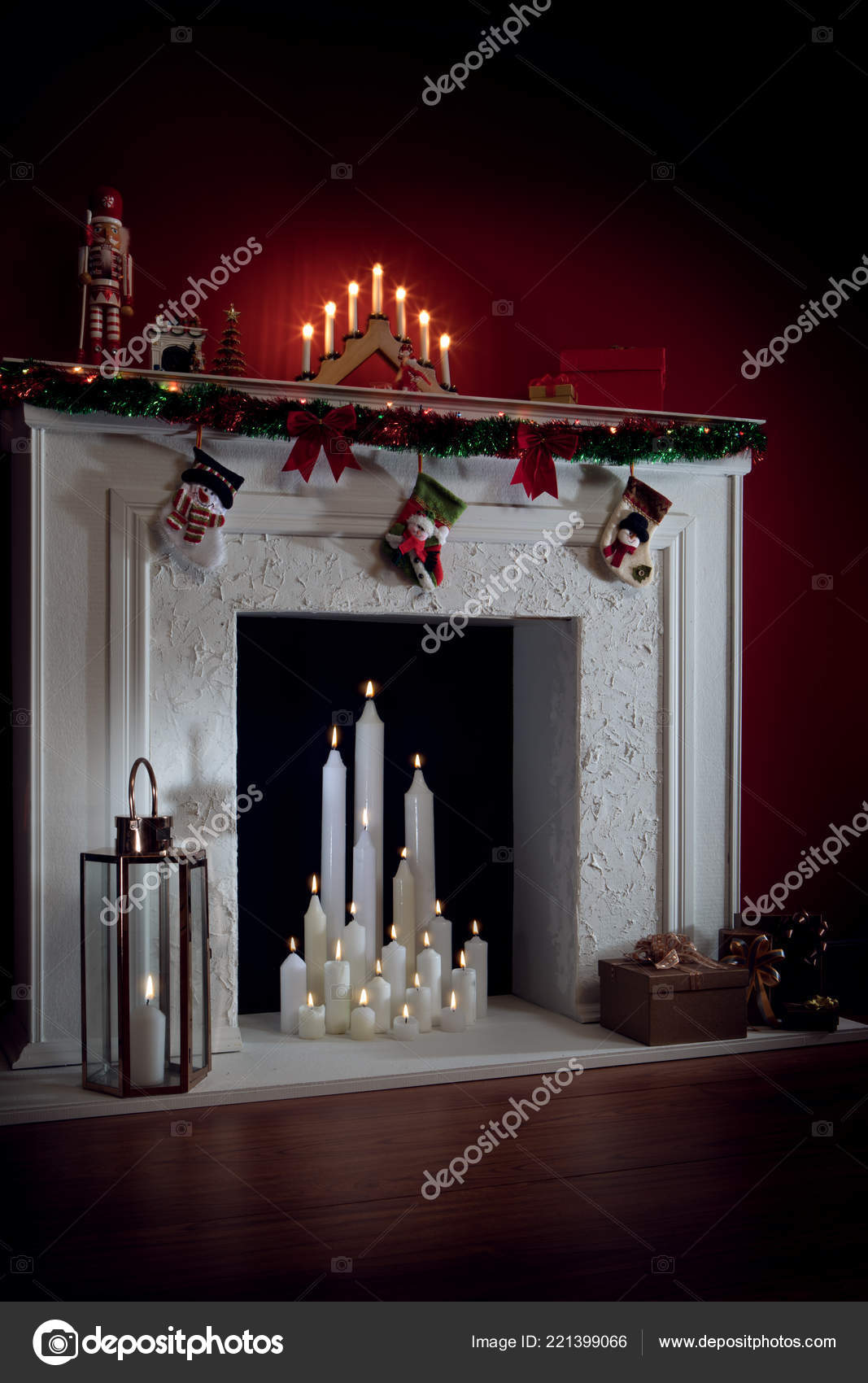 View Nice White Christmas Decorated Fireplace Candles Stock