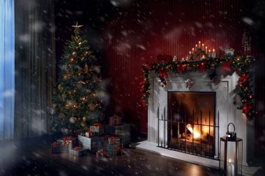 güzel beyaz Noel görünümünü dekore edilmiş şömine ve Noel ağacı
