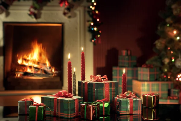 View Wrapped Gifts Christmas Tree Fireplace Back — Stock Photo, Image