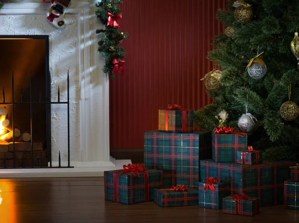 Vista Regalos Envueltos Chimenea Con Árbol Navidad Parte Posterior —  Fotos de Stock