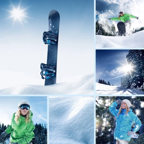 Snowboardåkare Tema Collage Består Några Olika Bilder — Stockfoto