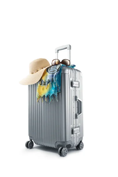 View Gray Suitcase Pareo Hat White Background — Stock Photo, Image