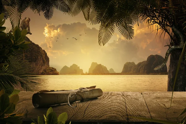 熱帯の夕日バックにアンティークな圧延ヴィンテージ書籍のビューをクローズ アップ — ストック写真
