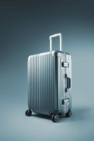 青の背景に素敵な金属輪スーツケースのビューをクローズ アップ — ストック写真