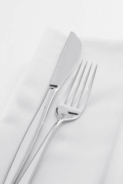 Close View Nice Steel Fork Knife White Napkin — Stock Photo, Image