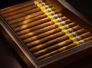 Bangkok, Tayland -6 Nisan 2019: Cohiba puro bir kutu Fotoğraf, Habana Cuba Esplendidos . Cohiba, Küba'da Habanos S.A. için üretilen bir premium puro markasıdır.. 
