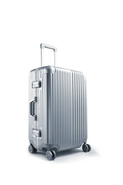 白い背景に素敵な金属製の車輪付きスーツケースのクローズアップビュー — ストック写真