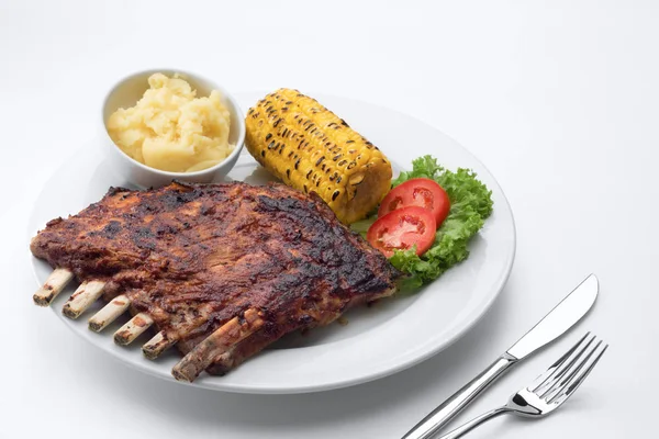 Close View Nice Yummy Pork Ribs Bbq White Background — Stock Photo, Image