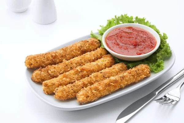 Breaded Mozzarella Cheese Sticks Fried Served Sauce White Back — Stock Photo, Image