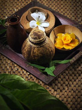 Tepsi üzerindeki spa temalı nesnelerin renk arkaplanı görünümü