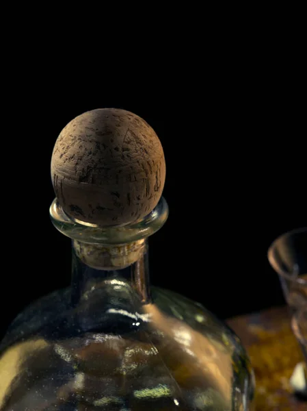 Zblízka Pohled Zátku Láhve Tequila Anejo Brýle Tmavém Pozadí — Stock fotografie