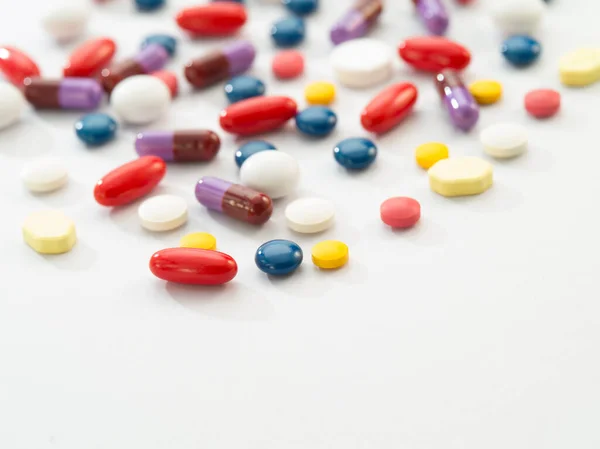 Close View Different Colors Pills White Back — Stock Photo, Image