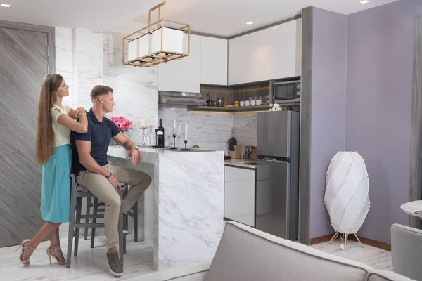 Portrait Nice Young Couple Kitchen Condo Environment — Stock Photo, Image