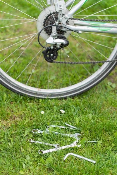 set of keys to repair the bike lying on the grass.