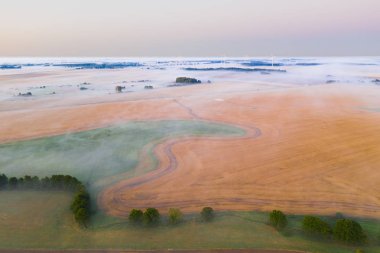 alanlarda sis, arka planda rüzgar türbinleri