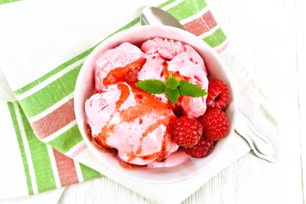 Ice Cream Crimson Raspberry Berries Syrup Mint White Bowl Spoon — Stock Photo, Image