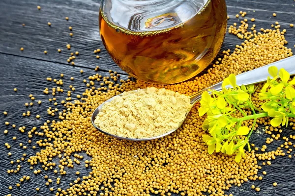 Mustard Powder Metal Spoon Oil Glass Jar Seeds Mustard Flower — Stock Photo, Image