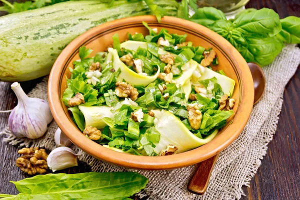 Salad Young Zucchini Sorrel Garlic Nuts Seasoned Vegetable Oil Plate — Stock Photo, Image