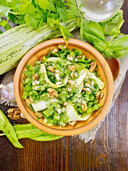 Salad Young Zucchini Sorrel Garlic Nuts Seasoned Vegetable Oil Plate — Stock Photo, Image