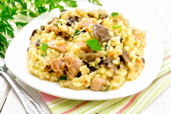 Rice Risotto Mushrooms Chicken Meat Cheese Garlic Plate Towel Fork — Stock Photo, Image