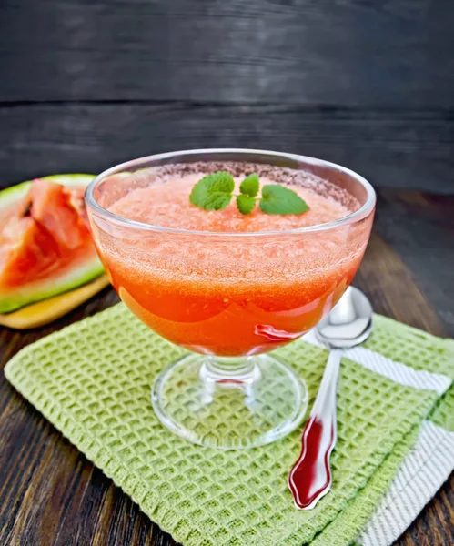 Gelee Luftige Wassermelone Mit Minze Einer Glasschüssel Löffel Auf Einem — Stockfoto