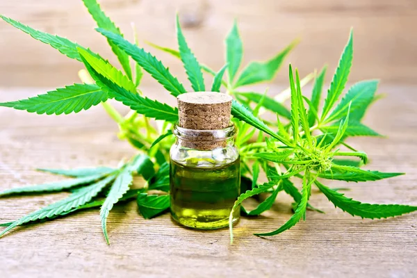 Aceite Cáñamo Una Botella Vidrio Hojas Tallos Cannabis Fondo Tablas — Foto de Stock