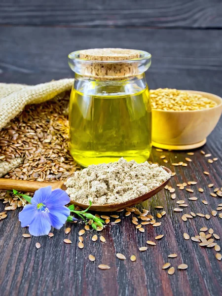 Harina Linaza Una Cuchara Aceite Frasco Vidrio Flor Lino Semillas —  Fotos de Stock