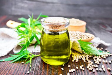 Cam kavanozda kenevir yağı, kaşıkta tahıl, çuval bezinde un, tahta bir arka planda kenevir yaprağı ve sapı.