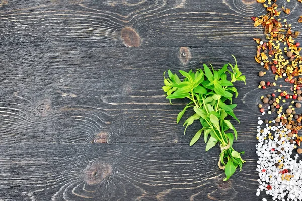 Ramo Ajedrea Verde Fresca Con Sal Pimienta Semillas Alholva Contra — Foto de Stock