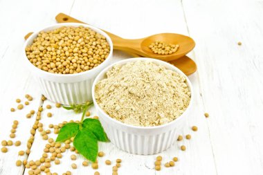 Flour soy and soybeans in two white bowls, spoons and green leaves on the background of light wooden board