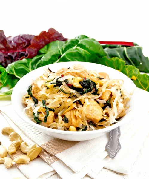 Rice Noodles Leafy Beet Chicken Breast Cashew Nuts Soy Sauce — Stock Photo, Image