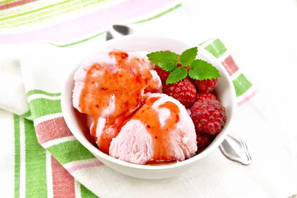 Ice Cream Crimson Raspberry Berries Syrup Mint White Bowl Spoon — Stock Photo, Image