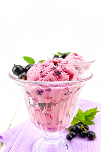 Ice Cream Black Currant Two Glasses Napkin Berries Leaves Wooden — Stock Photo, Image