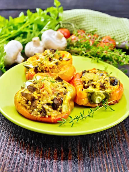 Pepper Sweet Stuffed Mushrooms Tomatoes Couscous Cheese Green Plate Kitchen — Stock Photo, Image